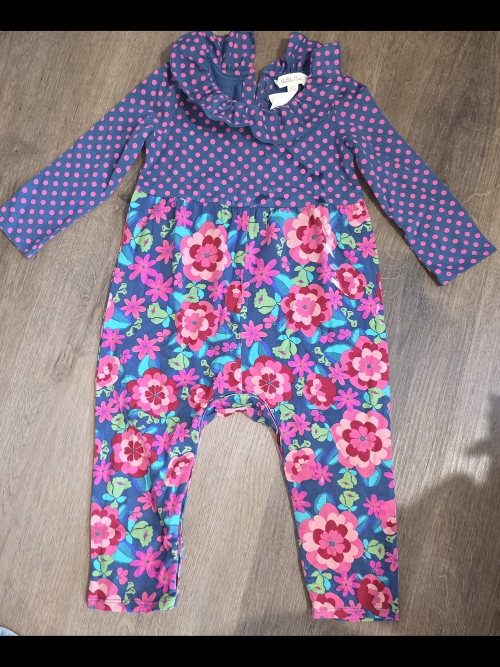 Matilda Jane Navy Romper with Pink Floral & Polka Dot Print